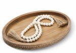 16" x 11.8" Oval Wood Decorative Tray with 58" Bead Garland, Farmhouse Coffee Table & Kitchen Island Décor, Rustic Brown Entryway Console Tray for Styling, Candles & Small Items - Image 2
