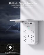Wall Outlet Extender with Surge Protector, 6 AC Outlets, Shelf, 2 USB & USB C Charging Ports - Home & Dorm Plug Expander - Image 4