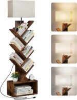 Evermagin 6 Tier Tree Bookshelf with Light, Narrow Bookcase Tower, Tall Floor Standing Book Organizer with Storage Cabinet for Living Room, Bedroom and Home Office, Rustic Brown - Image 2