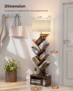Evermagin 6 Tier Tree Bookshelf with Light, Narrow Bookcase Tower, Tall Floor Standing Book Organizer with Storage Cabinet for Living Room, Bedroom and Home Office, Rustic Brown - Image 3