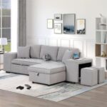 104" Pull Out Sleeper Sofa Reversible L-Shape 3 Seat Sectional Couch with Storage Chaise and 2 Stools - Image 3