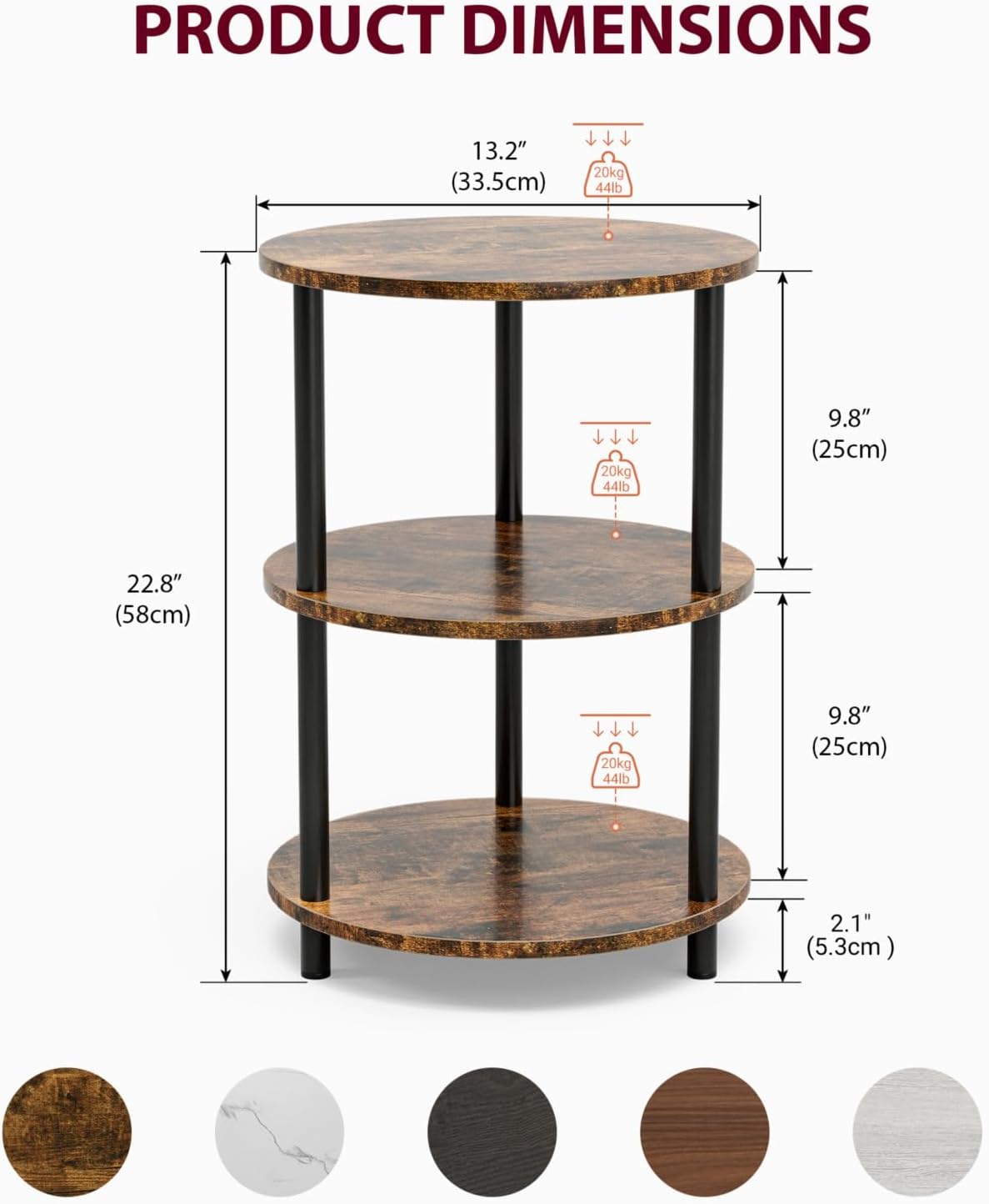 XBurmo Small Round Coffee Table - 3 Tier Design Accent Table, Narrow Side or Bedside Stand, Industrial Vintage Nightstand for Bedroom, Living Room, or Small Spaces, Rustic Brown - Image 3