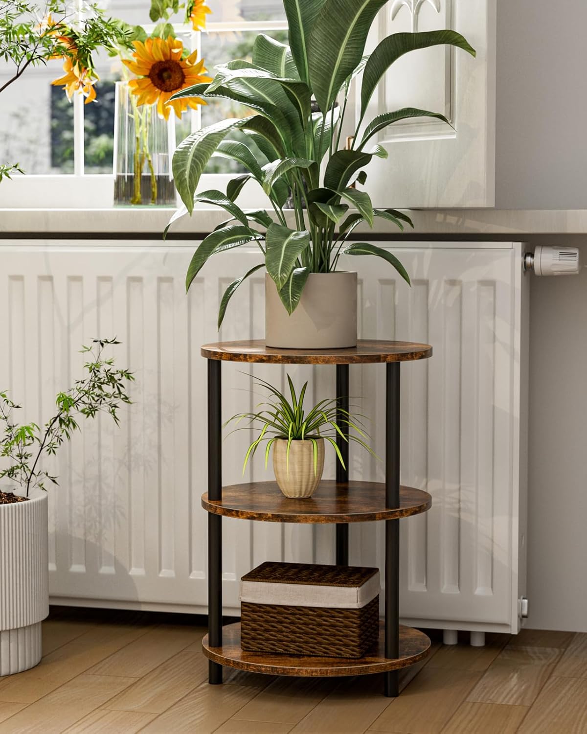 XBurmo Small Round Coffee Table - 3 Tier Design Accent Table, Narrow Side or Bedside Stand, Industrial Vintage Nightstand for Bedroom, Living Room, or Small Spaces, Rustic Brown - Image 4