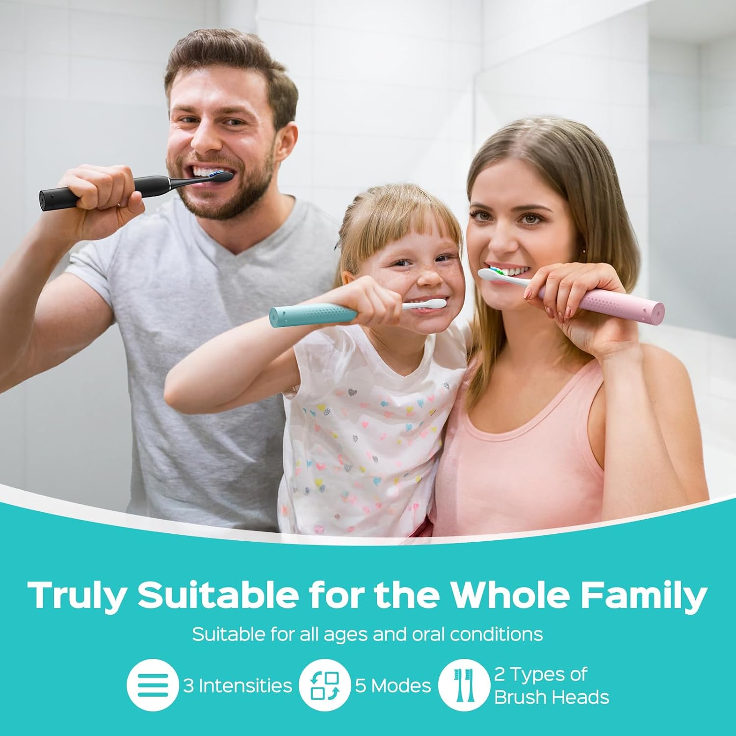 COSLUS C30 Electric Toothbrush for Adults & Kids: 3 Intensities & 5 Modes for Effective Yet Gentle Ultra-Clean Feel, 2 Types of Heads for Gentle or Daily Care, Travel & Home Use, Pink, 1PC - Image 6