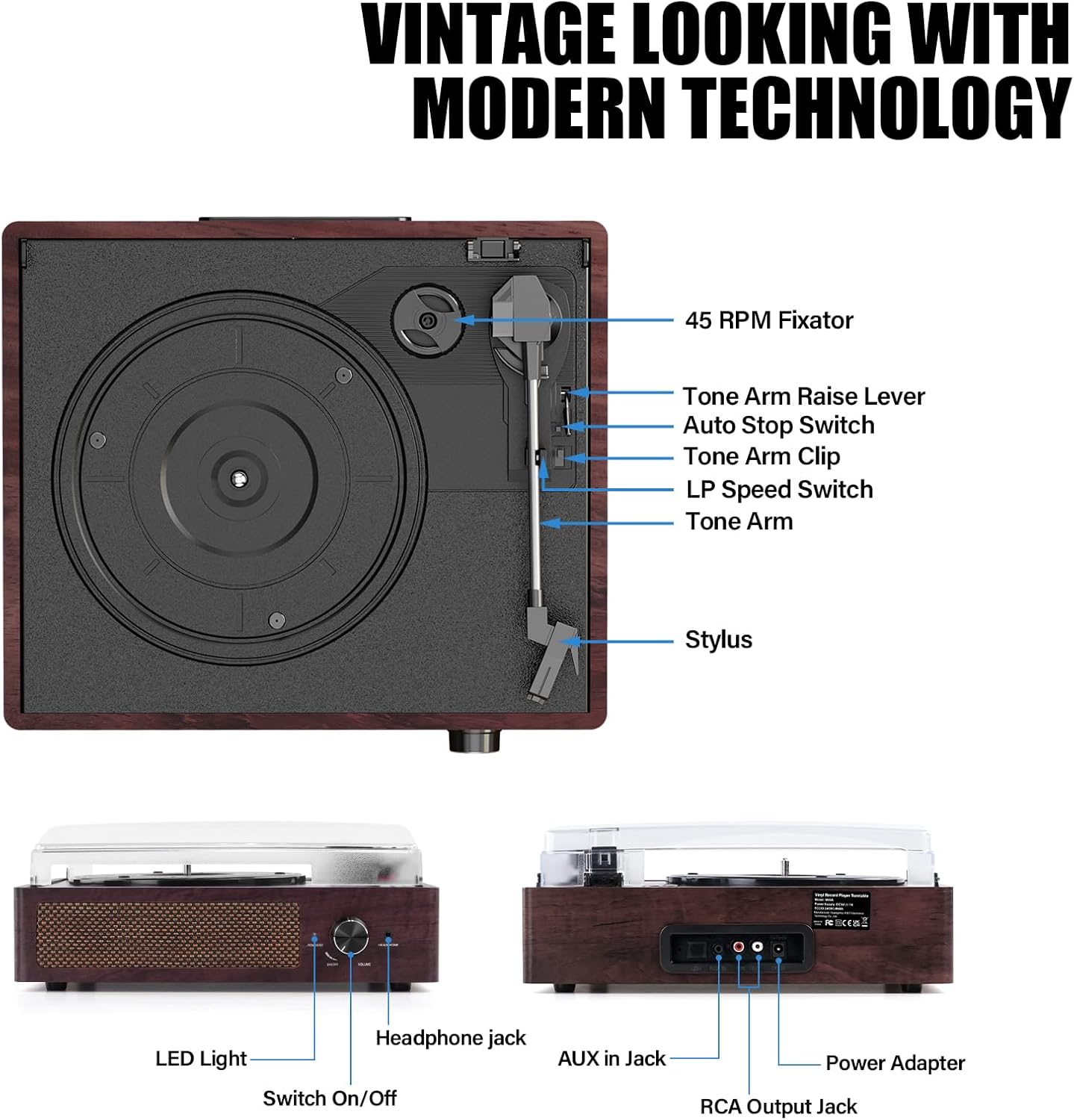 Vinyl Record Player Turntable with Built-in Bluetooth Receiver & 2 Stereo Speakers, 3 Speed 3 Size Portable Retro Record Player for Entertainment and Home Decoration - Image 3