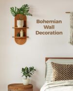 Bamworld Boho Wall Decor Brown Plant Wall Shelf Mid Century Modern Decor Hanging Plant Shelf 16.7in 2 Tier Wooden Floating Shelves for Home Bathroom Bedroom Living Room Office Holding Planter - Image 4
