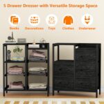 Furnulem 5 Drawer Black Dressers for Bedroom 2 Tier Shelf Storage Small Fabric Dresser for Closet Sturdy Metal Frame Modern Style Storage Cabinets Organization Units for Hallway Rooms - Image 4
