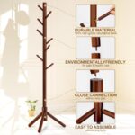 Wooden Coat Rack Freestanding with 8 Hooks & 3 Adjustable Sizes for Clothes, Space-Saving Design for Bedroom Office Entrance Holds Hats Coats Scarves Bags - Image 3