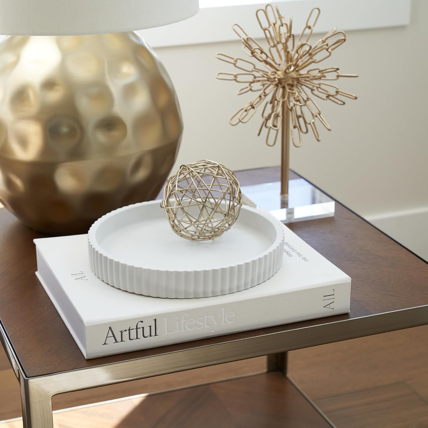 Decorative Concrete Tray & Book Decor Set - Scalloped Tray & Linen Box Enhance Your Coffee Table or Bookshelf Decor - Stylish Home Decoration for Your Living or Dining Room & as a Housewarming Gift - Image 5