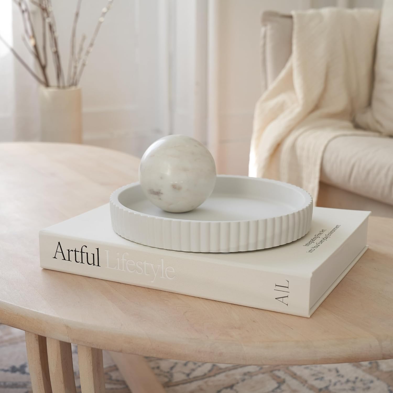 Decorative Concrete Tray & Book Decor Set - Scalloped Tray & Linen Box Enhance Your Coffee Table or Bookshelf Decor - Stylish Home Decoration for Your Living or Dining Room & as a Housewarming Gift - Image 10