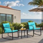 Greesum 3 Pieces Rocking Wicker Bistro Set, Patio Outdoor Furniture Conversation Sets with Porch Chairs and Glass Coffee Table, Blue - Image 3