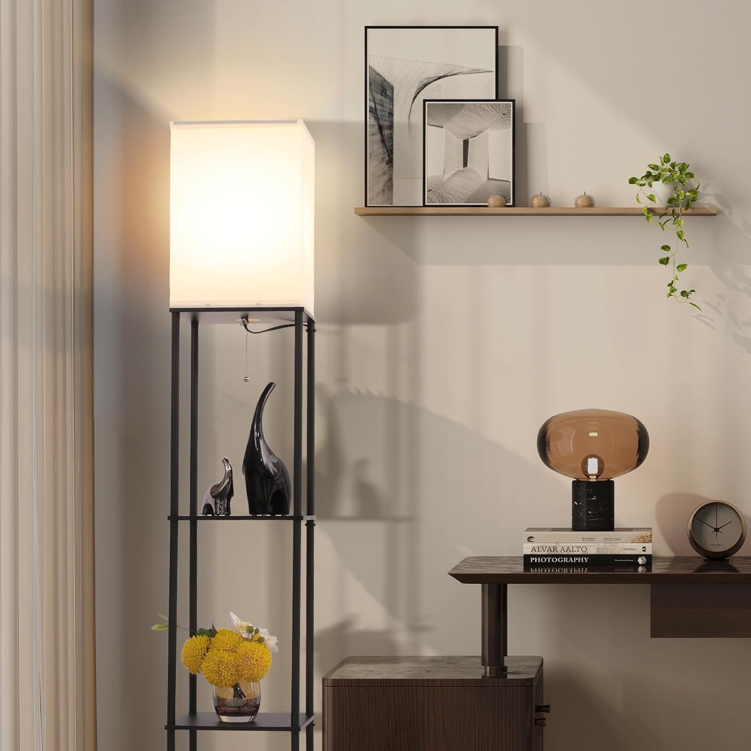 Gupuzm Floor Lamp with Shelves, Modern Square Standing Lamp with 3 Color Temperature Bulb, Corner Display Bookshelf Lamp for Living Room, Bedroom and Office (Black) - Image 5