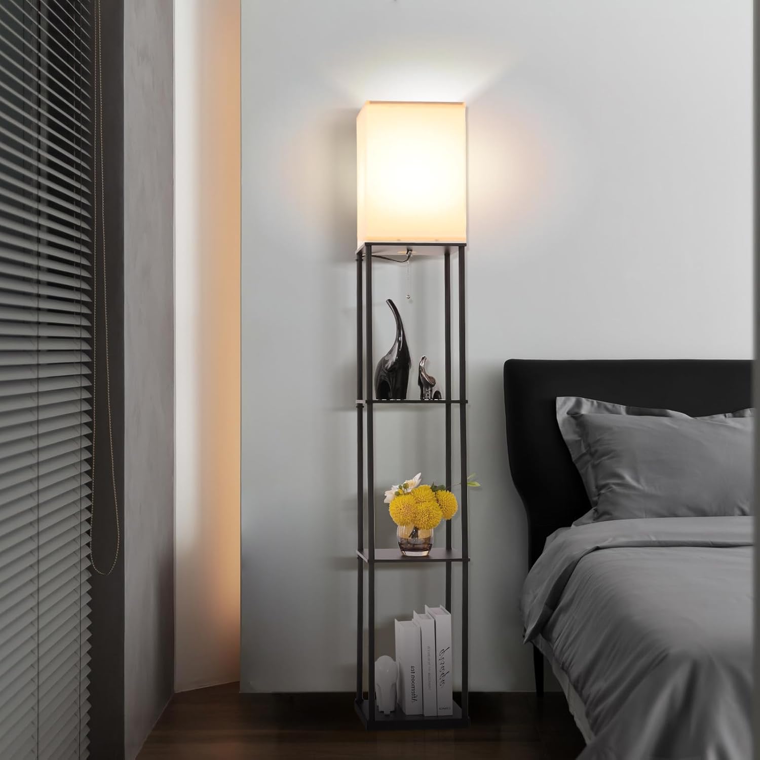 Gupuzm Floor Lamp with Shelves, Modern Square Standing Lamp with 3 Color Temperature Bulb, Corner Display Bookshelf Lamp for Living Room, Bedroom and Office (Black) - Image 9