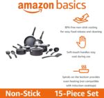 Amazon Basics Non-Stick Kitchen Cookware 15-Piece Set with Stay-Cool Handles, Even Heating, Non-Induction, Includes Pots, Pans, and Utensils, Black - Image 3