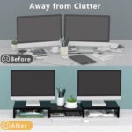 TAVR Dual Monitor Stand Riser Office Desktop Organizer Stand for 2 Monitors, Adjustable Length and Angle 3 Shelf, Extra Long Multifunctional Wooden Stand up to 43.3" fit Computer, Laptop, TV, Black - Image 3