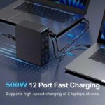 500W USB C Charger Block, 12-Port USB C Charging Station for Multiple Devices, Leather Texture Dual PD 65W Laptop Fast Charger Compatible with MacBook Pro/Air, iPad, iPhone,Galaxy and More, Black - Image 4