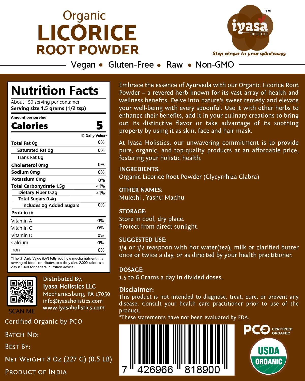 Iyasa Holistics Licorice Root Powder 8 oz - USDA Certified Organic Licorice Root Glycyrrhiza Glabra & Mulethi - Digestive & Adrenal Support, Natural Sweetener - Pure Ayurveda Products - Image 3