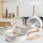Kikcoin 16Pcs Ceramic Pots and Pans Set Non Stick, Includes a 9.5" Grill Pan, Induction Kitchen Cookware Sets, White Nonstick RV Kitchen Camping Cooking Sets Stackable (PTFE, PFOS, PFOA Free) - Image 4