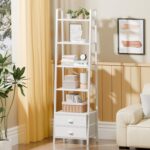 Furologee 5-Tier Ladder Shelf with 2 Drawers,Narrow Bookshelf Storage Shelves,Industrial Bookcase Freestanding Rack Units for Bedroom,Living Room,Bathroom,Home Office,Balcony,Wood Metal, White - Image 3