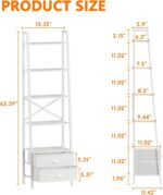 Furologee 5-Tier Ladder Shelf with 2 Drawers,Narrow Bookshelf Storage Shelves,Industrial Bookcase Freestanding Rack Units for Bedroom,Living Room,Bathroom,Home Office,Balcony,Wood Metal, White - Image 4