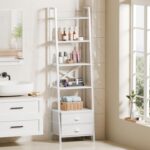 Furologee 5-Tier Ladder Shelf with 2 Drawers,Narrow Bookshelf Storage Shelves,Industrial Bookcase Freestanding Rack Units for Bedroom,Living Room,Bathroom,Home Office,Balcony,Wood Metal, White - Image 5