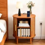 DHH Mid Century Modern Nightstand Set of 2 with Charging Station,Fluted Accent Side Table with Sliding Door & Adjustable Shelf,End Table for Small Space, Living Room, Bedroom,Sofa Couch,Yellow Walnut - Image 4