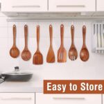 Mooues 9 Piece Natural Teak Wooden Kitchen Utensil Set with Spoon Rest - Comfort Grip Cooking Spoons and Utensils Holder - Image 4