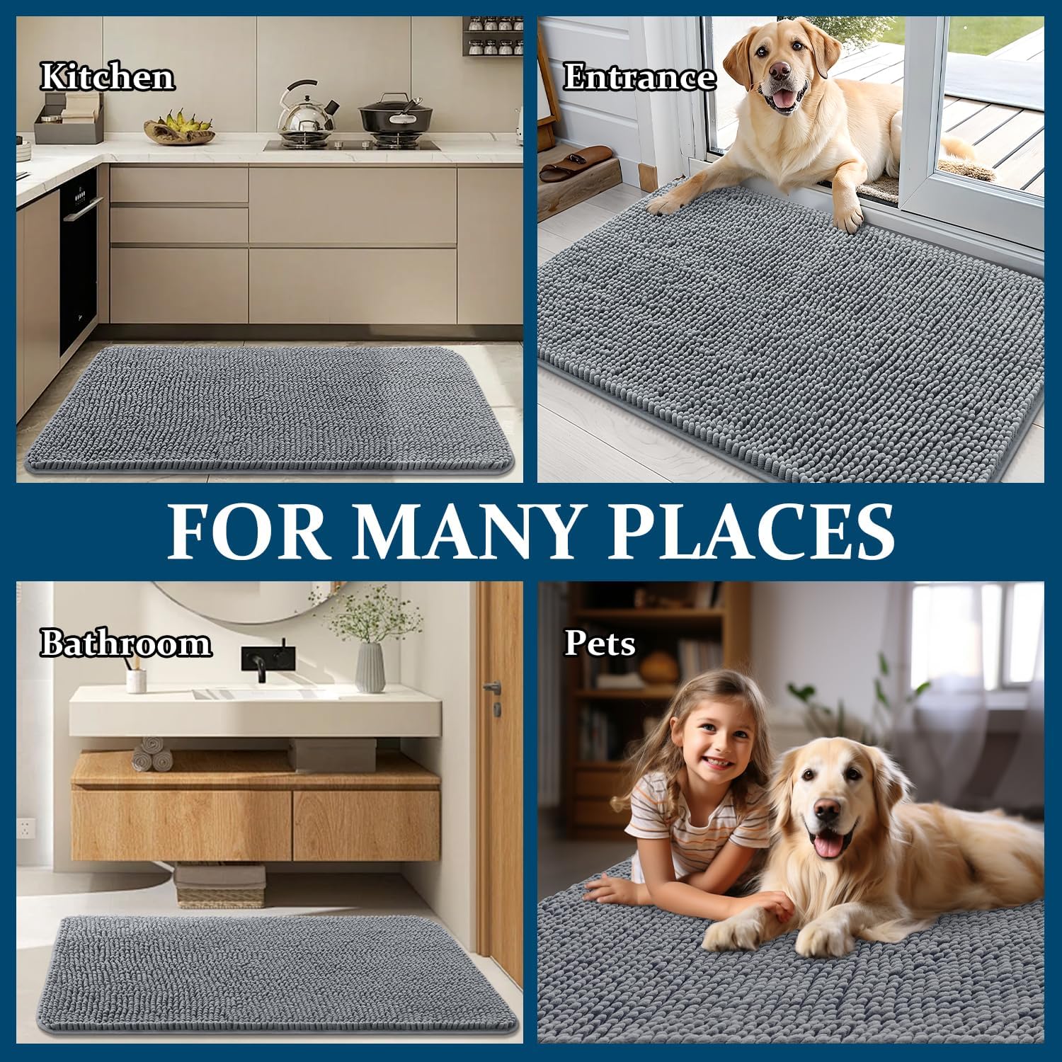 OLANLY Dog Door Mat for Muddy Paws 30x20, Absorbs Moisture and Dirt, Absorbent Non-Slip Washable Doormat, Quick Dry Chenille Mud Mat for Dogs, Entry Indoor Entryway Carpet for Inside Floor, Grey - Image 4