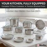 Mueller 17-Piece Stainless Steel Pots and Pans Set – Tri-Ply Ultra-Clad Pro Cookware Set, Induction Ready, Oven Safe, Even-Heat Aluminum Core, Includes Skillets, Saucepans, Dutch Oven, Stockpot - Image 3