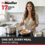 Mueller 17-Piece Stainless Steel Pots and Pans Set – Tri-Ply Ultra-Clad Pro Cookware Set, Induction Ready, Oven Safe, Even-Heat Aluminum Core, Includes Skillets, Saucepans, Dutch Oven, Stockpot - Image 6