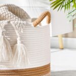 KAKAMAY Large Blanket Basket (20"x13"),Woven Baskets for storage Baby Laundry Hamper, Cotton Rope Blanket Basket for Living Room, Laundry, Nursery, Pillows, Baby Toy chest (White/Brown) - Image 5