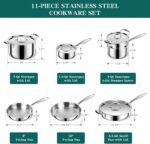 EWFEN Pots and Pans Set, 3 Ply 11 Piece Stainless Steel Cookware Set, Oven Dishwasher Safe | Induction Compatible Frying Pans, Saucepans, Saute Pan & Stock Pot, PFOA Free Kitchen Skillet - Image 3