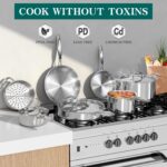 EWFEN Pots and Pans Set, 3 Ply 11 Piece Stainless Steel Cookware Set, Oven Dishwasher Safe | Induction Compatible Frying Pans, Saucepans, Saute Pan & Stock Pot, PFOA Free Kitchen Skillet - Image 4