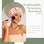 Reusable Shower Cap for Women, Large Waterproof Shower Bonnet Washable Elastic Band Bath Accessories Hair Hat for Long Hair, Braids(Beige) - Image 3