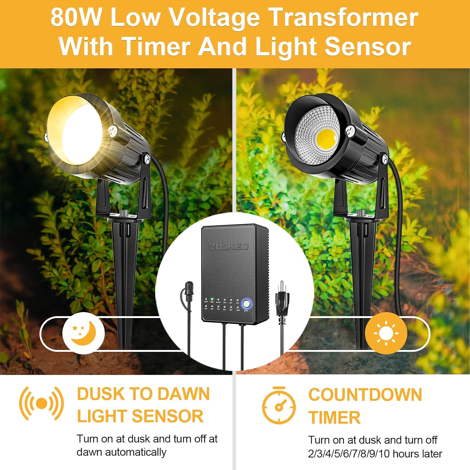 ZUCKEO All-in-One Low Voltage Landscape Lighting Kit, 5W LED Landscape Lights with Transformer, 120FT Wire and Connectors, Waterproof Outdoor Spotlight for Yard Garden House, 3000K 12V-24V, 12Pack - Image 3