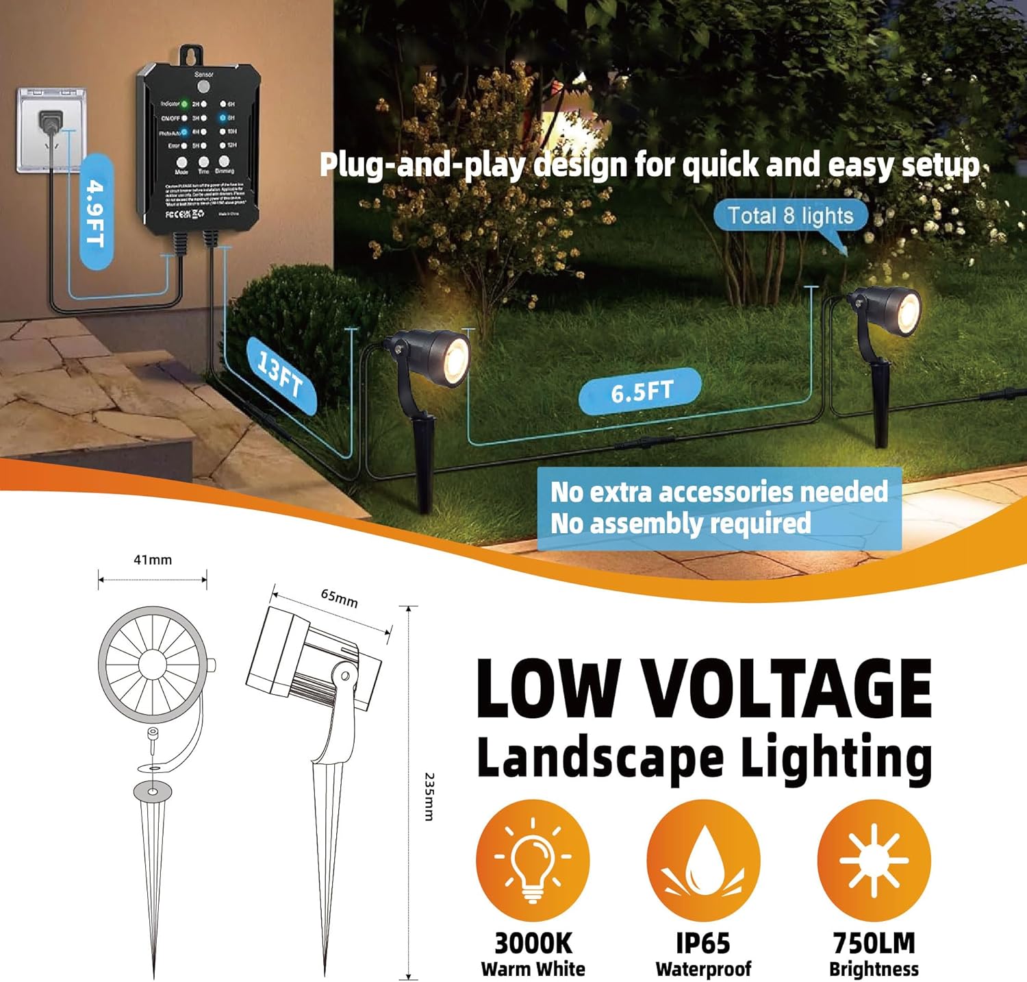 COLOER All-in-One Low Voltage Landscape Lighting Kit, 8 Pack 5W Die-cast Aluminum Landscape Lights with Transformer and Connectors, IP65 Waterproof Outdoor Spot Lights for Pathway Yard Garde - Image 3