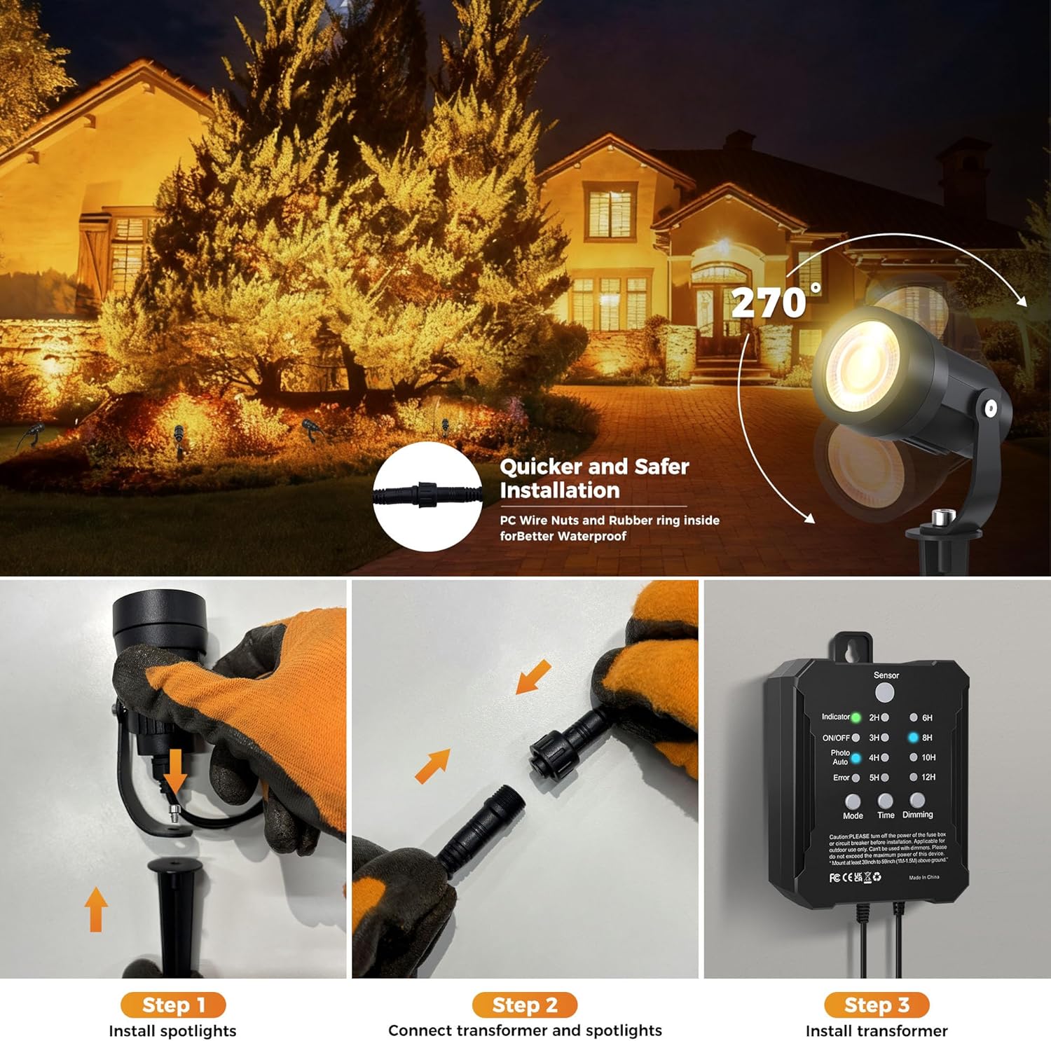COLOER All-in-One Low Voltage Landscape Lighting Kit, 8 Pack 5W Die-cast Aluminum Landscape Lights with Transformer and Connectors, IP65 Waterproof Outdoor Spot Lights for Pathway Yard Garde - Image 5