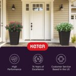 Keter Set of 2 Resin Modern Outdoor 22 Inch Tall Large Flower Pots, Tapered Wood Look Planters for Outdoor Plants and Front Porch Decor, Graphite - Image 5
