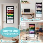 ALSLEA 8 Pockets Hanging Wall File Organizer 15" Extra Wide Pocket Chart for Classroom, Office, Home, Mail Organizer Wall Mounted with 1 Writable Clear Pocket, 5 Wall/ Door Hooks & 12 Labels (Black) - Image 3