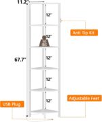 Furnulem 6 Tier Corner Shelf with LED Light, 67.5” Tall Standing Shelf Organizer, White Narrow Bookshelf with Storage Rack for Wall Corner, Living Room, Bedroom, Metal Frame, Wood Display Shelf - Image 3