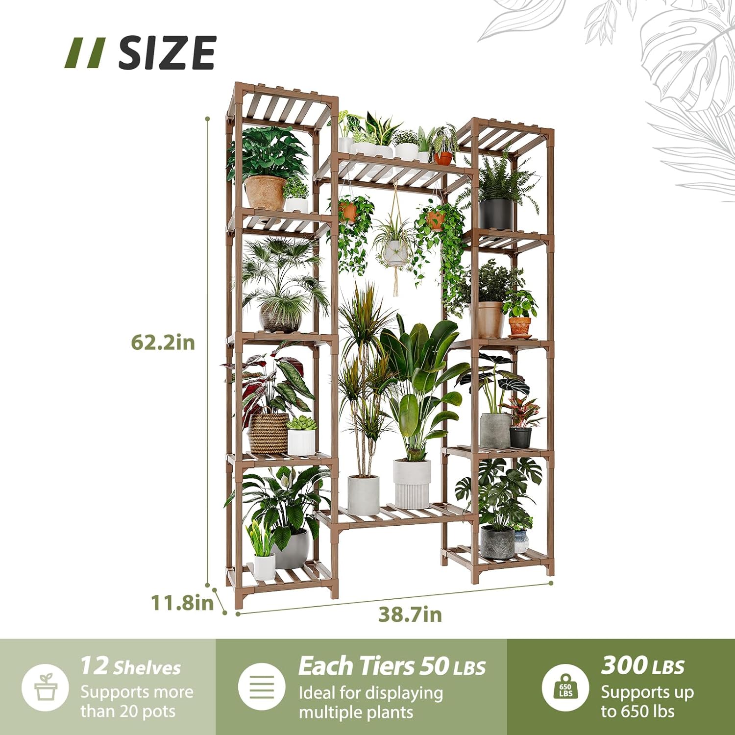 GENTINGBRO Plant Stand Indoor Outdoor 62.2“ Tall Plant Shelf Large Tiered Flower Stands for Multiple Display Wood Hanging Planter Holder for Living Room Garden Balcony Patio Decor - Image 4