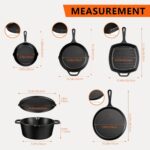 6 Piece Pre-Seasoned Cast Iron Cookware Set – Incl. 5QT Dutch Oven with Lid, 8'' and 10.25'' Cast Iron Skillets, 10.5'' Round Griddle, and a Square Grill Pan for Kitchen, Stovetop, & Camping - Image 3