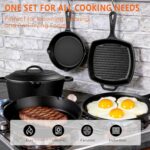 6 Piece Pre-Seasoned Cast Iron Cookware Set – Incl. 5QT Dutch Oven with Lid, 8'' and 10.25'' Cast Iron Skillets, 10.5'' Round Griddle, and a Square Grill Pan for Kitchen, Stovetop, & Camping - Image 4
