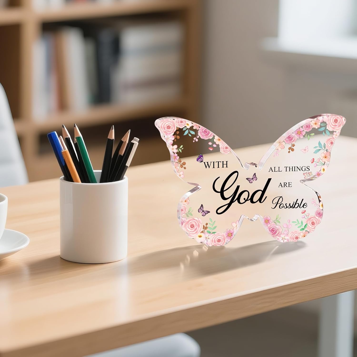 Office Desk Decor for Women Pink Desk Accessories Decoration Pink Butterfly Mothers Day Gifts for Women Birthday Inspirational Religious Gift for Office Room Decor - Image 3