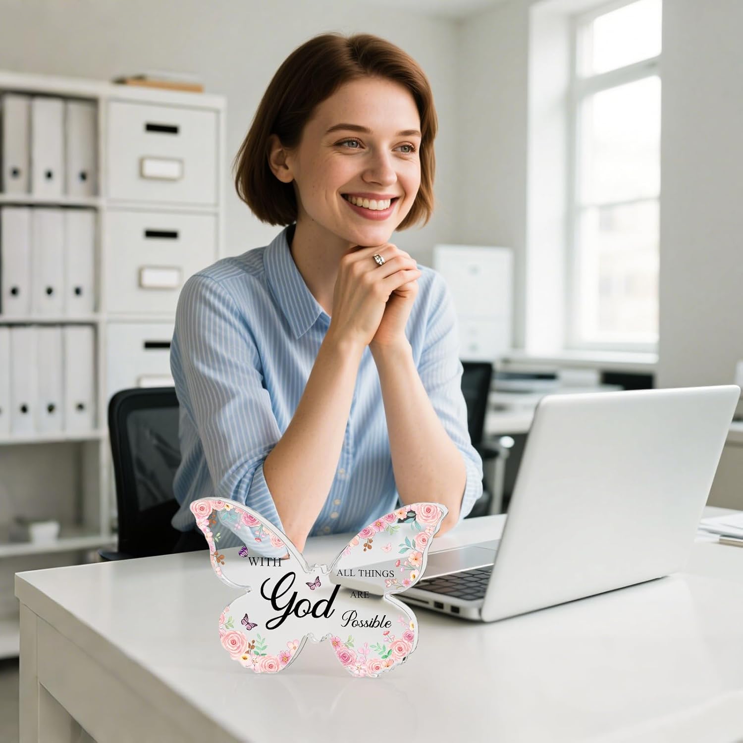 Office Desk Decor for Women Pink Desk Accessories Decoration Pink Butterfly Mothers Day Gifts for Women Birthday Inspirational Religious Gift for Office Room Decor - Image 4