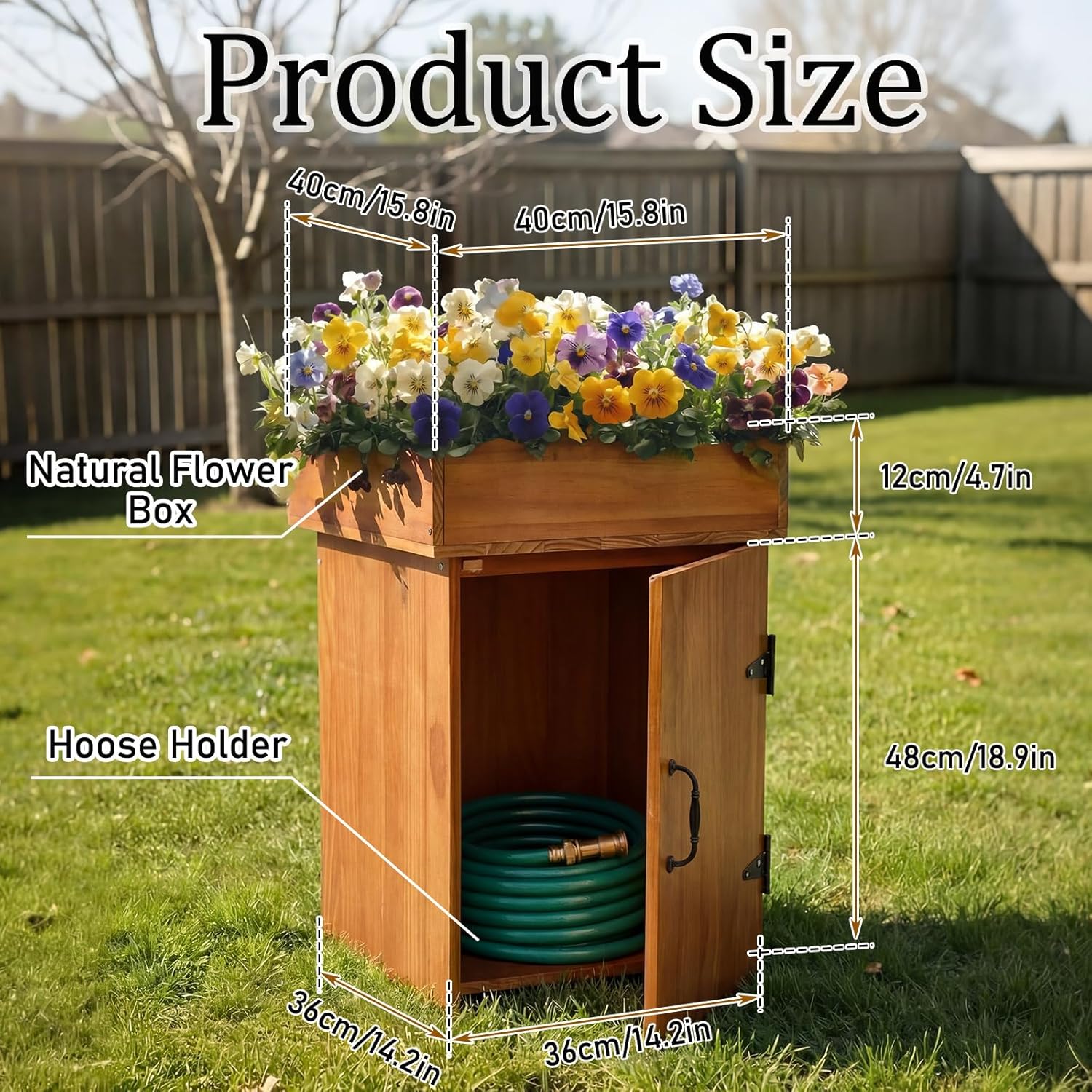AceOrbit 2 in 1 Wood Hidden Hose Storage with Planter Box, Outdoor Decorative Flower Box with Storage Cabinet Holds up to 200 Feet of 5/8 Inch Hose for Patio, Porch & Garden Space-saving Decor - Image 3