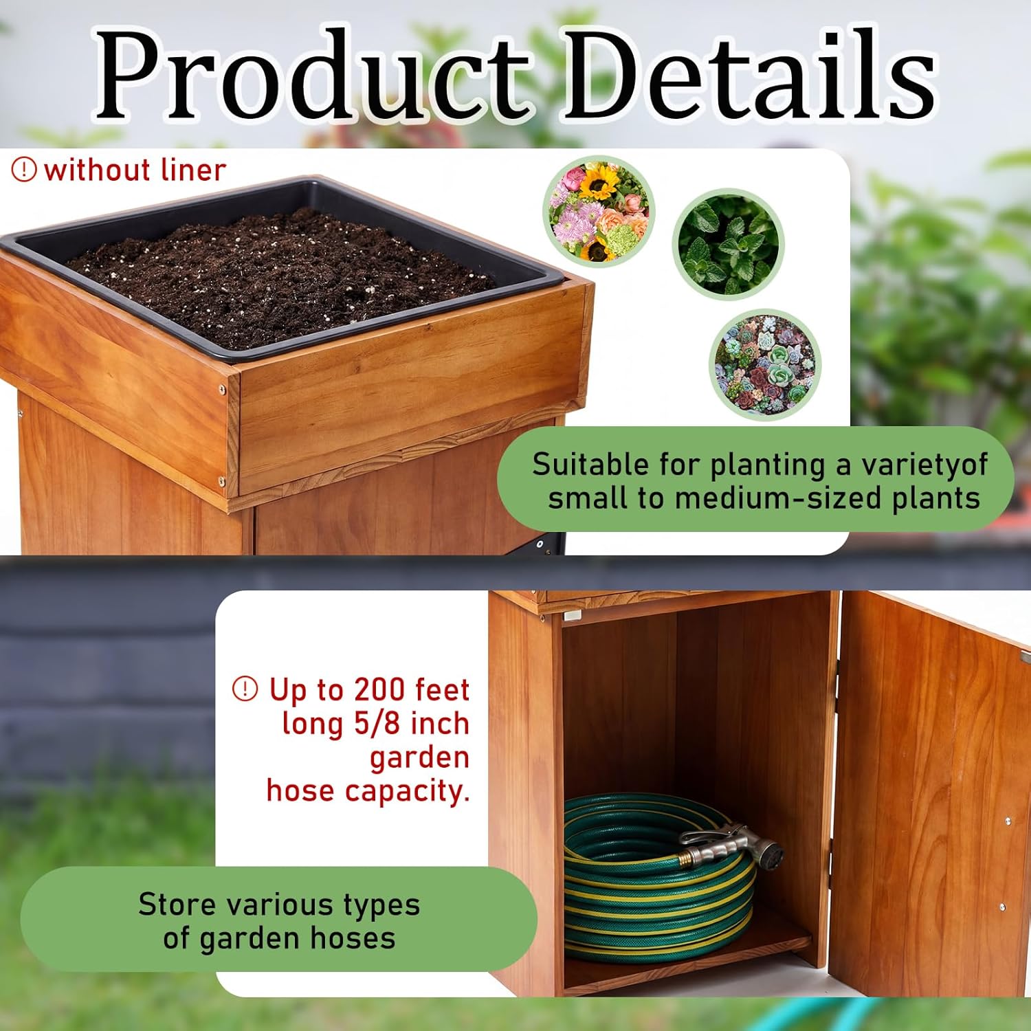AceOrbit 2 in 1 Wood Hidden Hose Storage with Planter Box, Outdoor Decorative Flower Box with Storage Cabinet Holds up to 200 Feet of 5/8 Inch Hose for Patio, Porch & Garden Space-saving Decor - Image 4