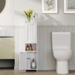 Bathroom Cabinet with 2 Doors, 7.3 x 9.8 x 40.4 Inches, Small Freestanding Storage Cabinet with Adjustable Shelf, Floor Cabinet for Small Spaces, Bathroom, Entrances, Kitchen, White - Image 3