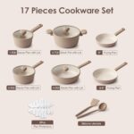 SENSARTE Ceramic Nonstick Pots and Pans Set 17pcs, Healthy Induction Cookware Set, Nontoxic Kitchen Cooking Set with Skillets & Saucepans, Stay-cool Handles, PFAS PTFE PFOA PFOS Free,Taupe - Image 3