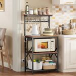 Furologee Kitchen Bakers Rack with Power Outlet, Microwave Oven Stand with Storage 4 Tiers, Coffee Bar Table with 6 S Hooks, Kitchen Storage Shelf Rack for Spices, Pots, Rustic Brown - Image 3